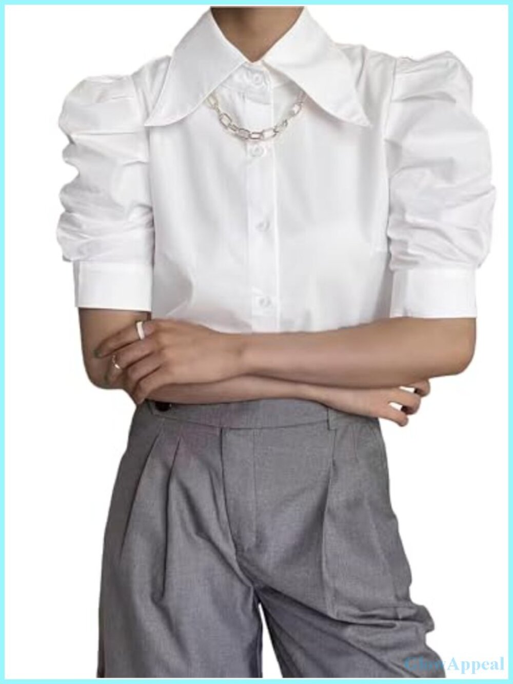 Women's Ruffle Puff Sleeve Blouse Elegant Pleated Office Shirt Cotton Polyester